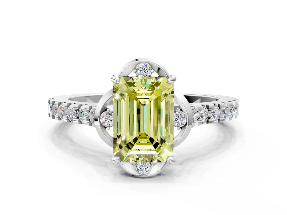 White gold Fancy Yellow Emerald Cut Diamond Ring with Pavé Band and Floral Prong Setting_63