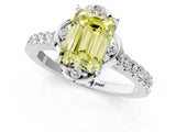 White gold Fancy Yellow Emerald Cut Diamond Ring with Pavé Band and Floral Prong Setting_64