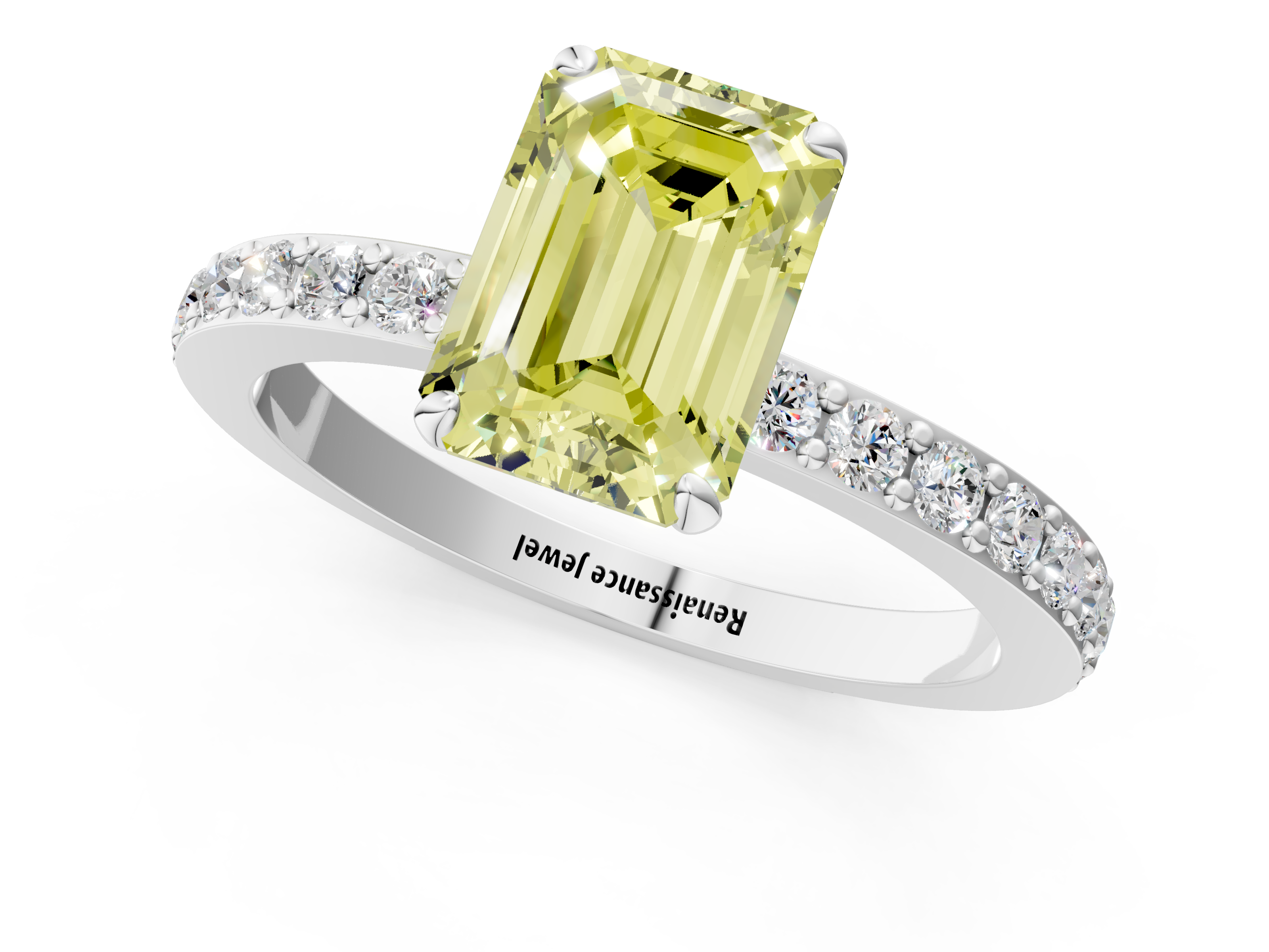 White gold Fancy Yellow Emerald  Cut Diamond Ring with Pavé Band and Four-Prong Setting_68