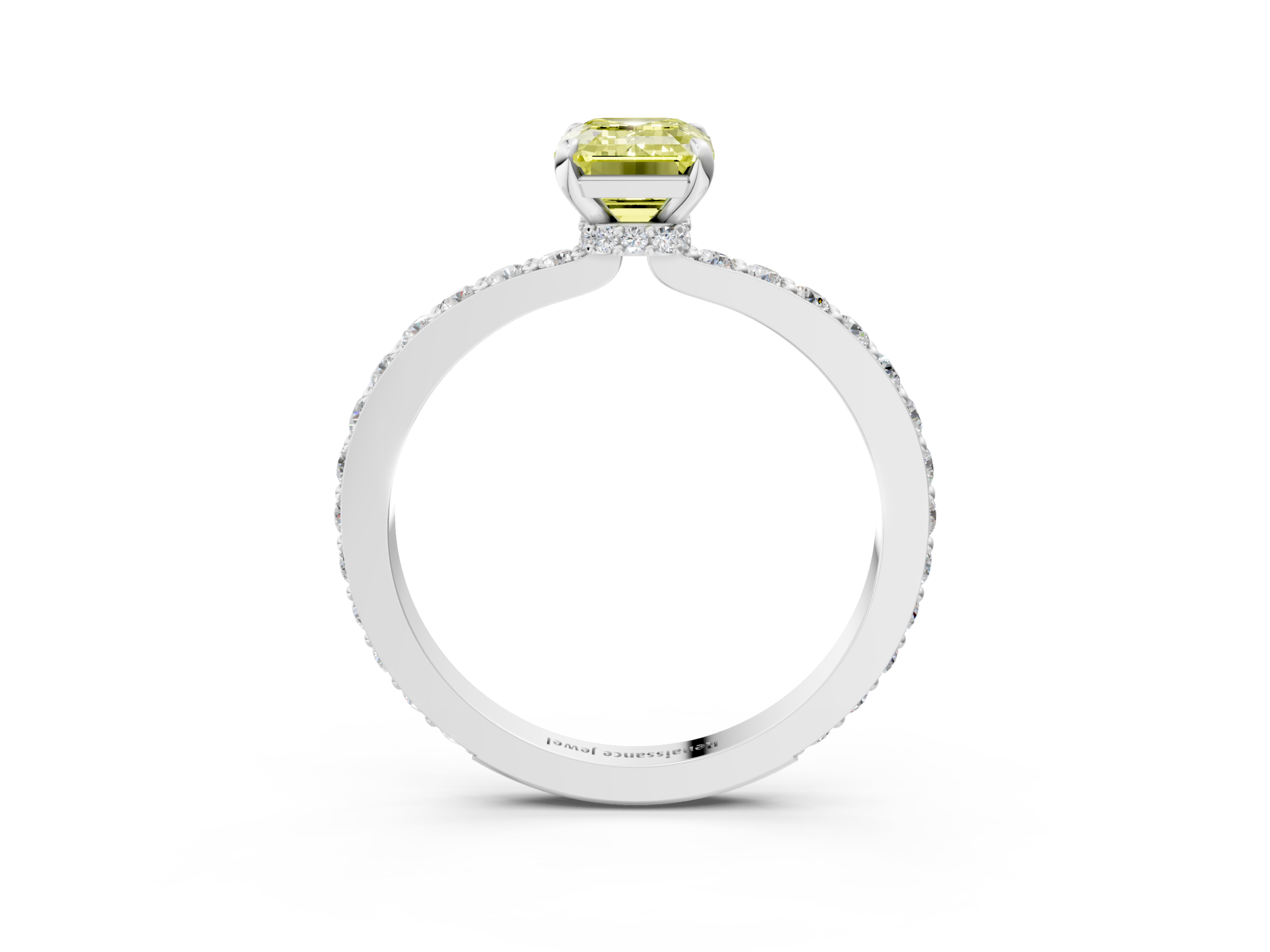White gold Fancy Yellow Emerald  Cut Diamond Ring with Pavé Band and Four-Prong Setting_70