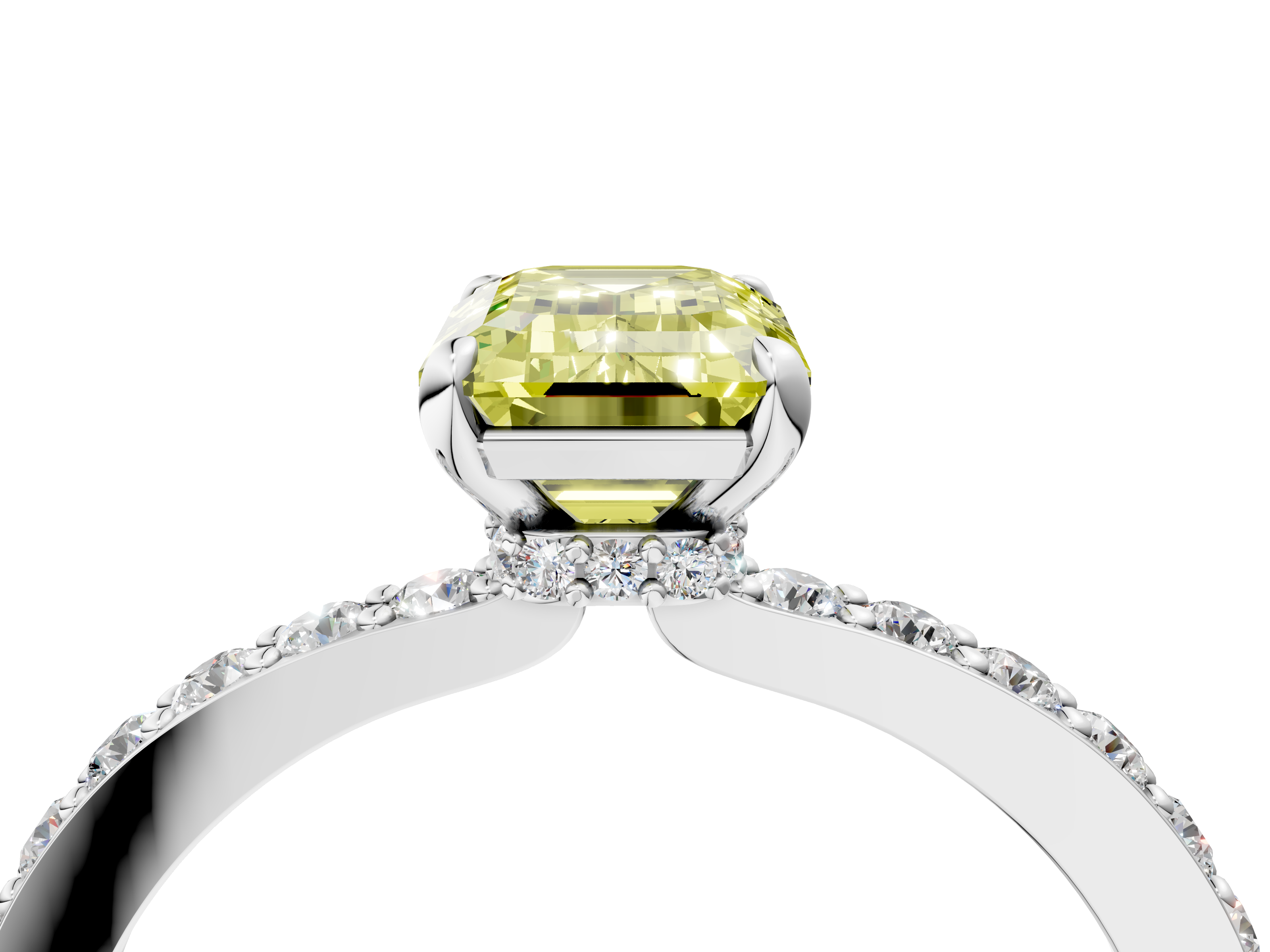 White gold Fancy Yellow Emerald  Cut Diamond Ring with Pavé Band and Four-Prong Setting_71