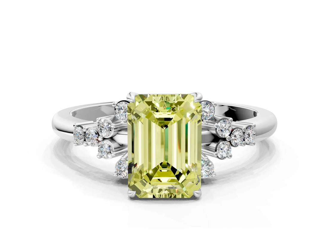White gold Fancy Yellow Emerald Cut Diamond Ring with Side Stones and Four-Prong Setting_117