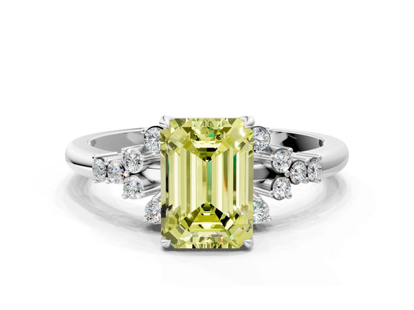 Platinum Fancy Yellow Emerald Cut Diamond Ring with Side Stones and Four-Prong Setting