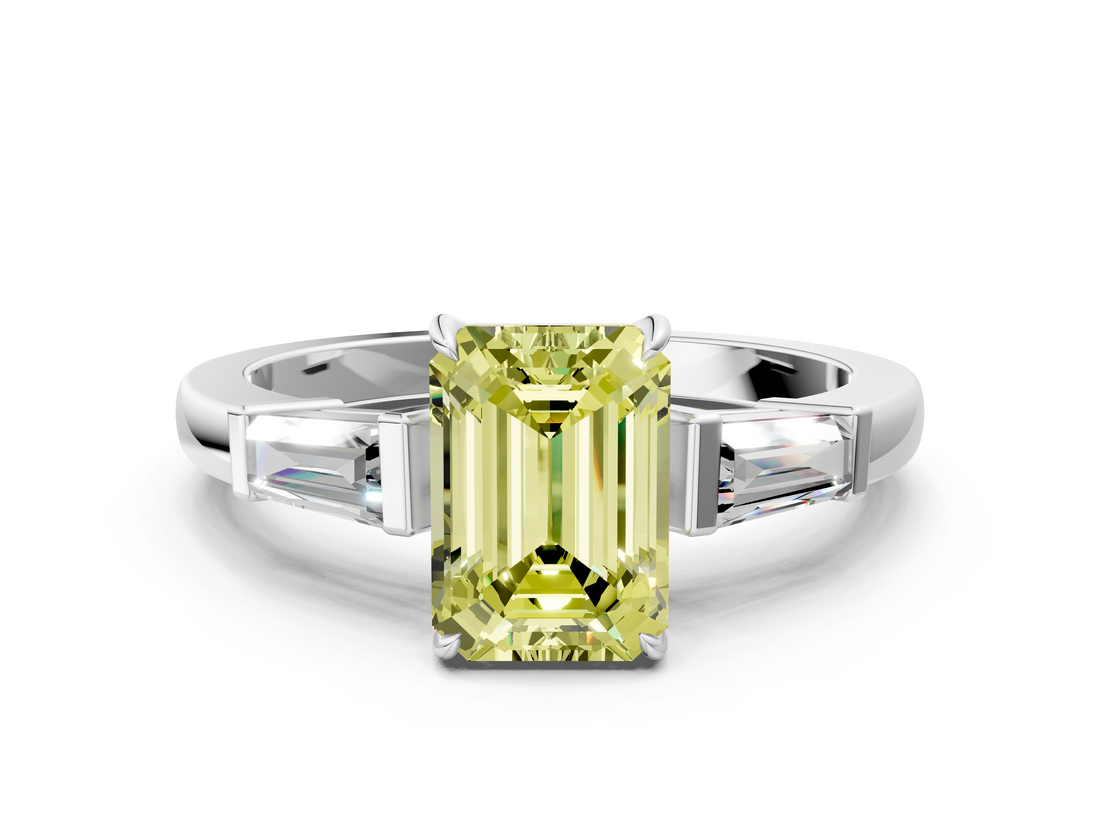White gold Fancy Yellow Emerald  Cut Diamond Ring with Tapered Baguette Side Stones in Four-Prong Setting_3