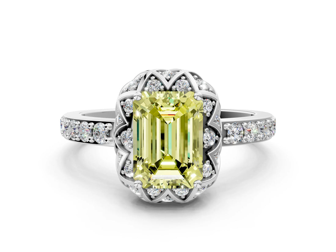 White gold Fancy Yellow Emerald Cut Diamond Scalloped Halo Engagement Ring with Round Shared Prong Band_24