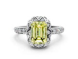 White gold Fancy Yellow Emerald Cut Diamond Scalloped Halo Engagement Ring with Round Shared Prong Band_24