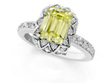 White gold Fancy Yellow Emerald Cut Diamond Scalloped Halo Engagement Ring with Round Shared Prong Band_25