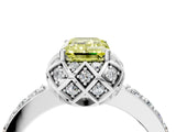 White gold Fancy Yellow Emerald Cut Diamond Scalloped Halo Engagement Ring with Round Shared Prong Band_28