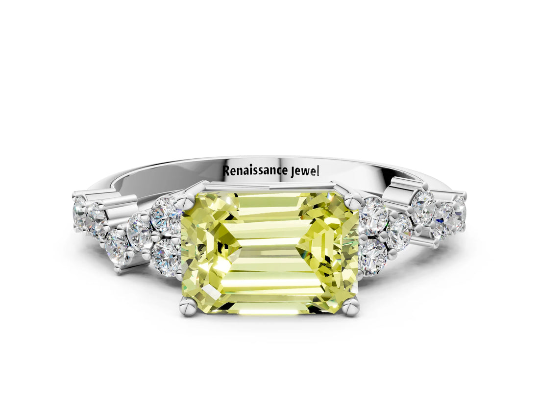 White gold Fancy Yellow Emerald Cut Diamond Scattered Round Accent Ring with Prong Setting_13