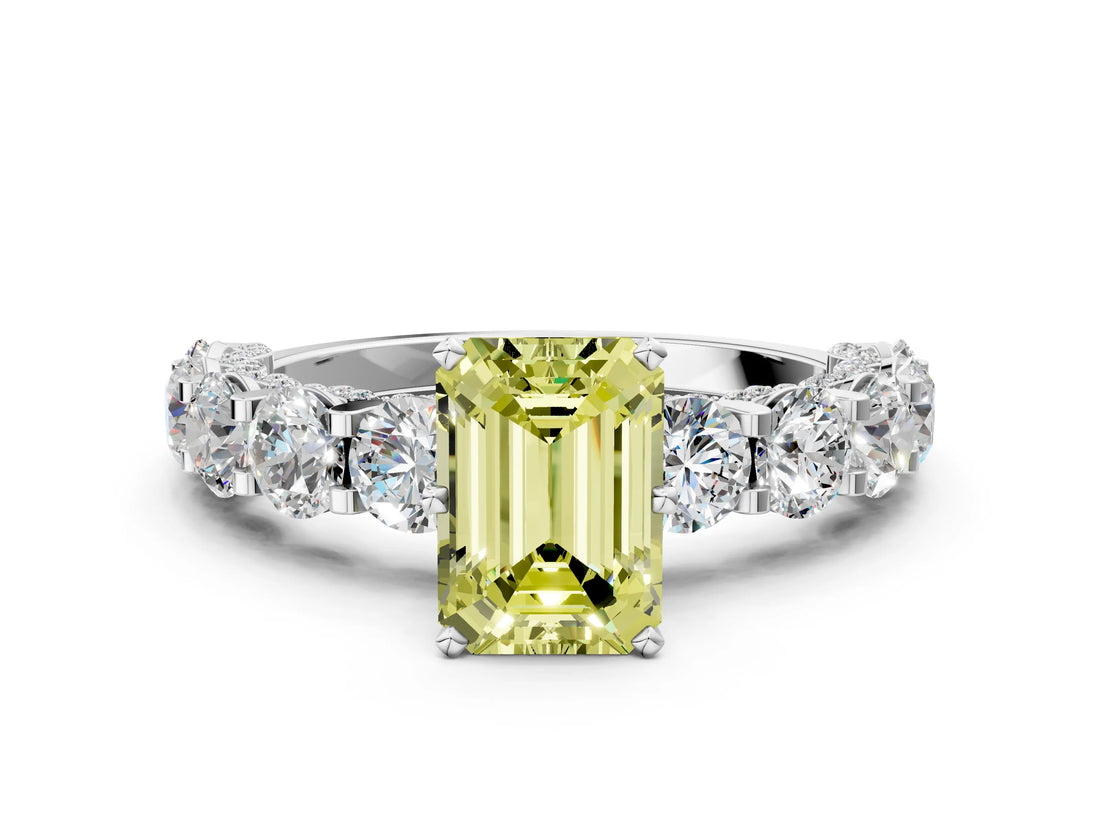 White gold Fancy Yellow Emerald Cut Diamond Side Stone Engagement Ring with Four-Prong Setting_54