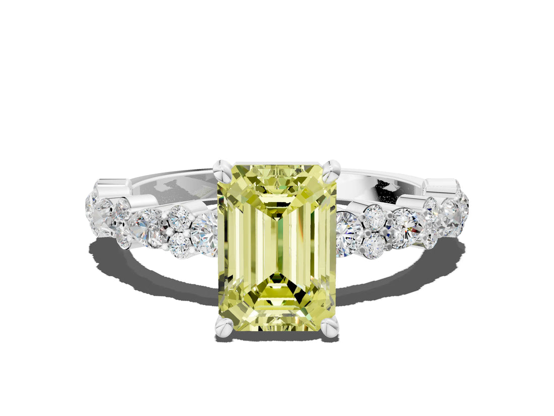 White gold Fancy Yellow Emerald Cut Diamond Side Stone Solitaire Ring with Round  and Four-Prong Setting_141