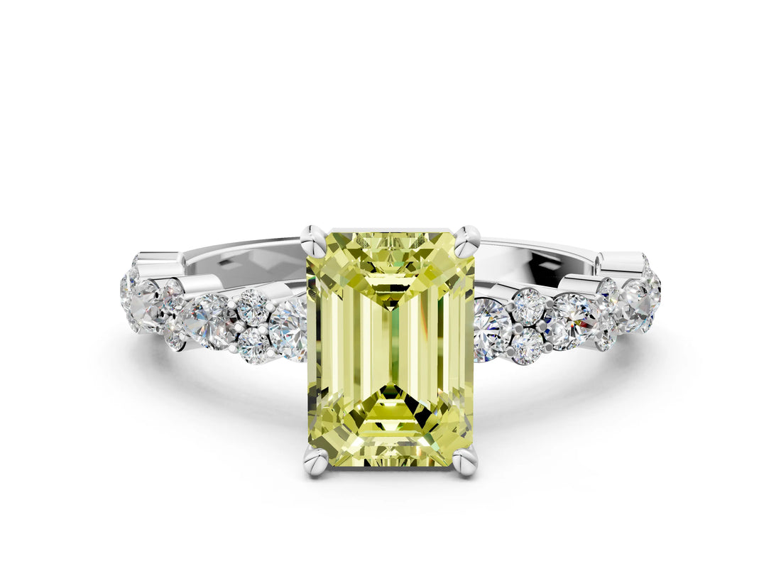 White gold Fancy Yellow Emerald Cut Diamond Side Stone Solitaire Ring with Round  and Four-Prong Setting_24