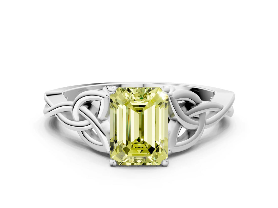 White gold Fancy Yellow Emerald Cut Diamond Solitaire Celtic Knot Ring with Four-Prong Setting_104