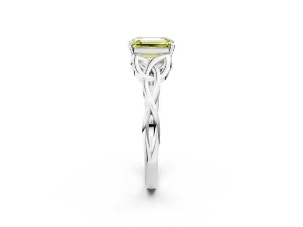 White gold Fancy Yellow Emerald Cut Diamond Solitaire Celtic Knot Ring with Four-Prong Setting