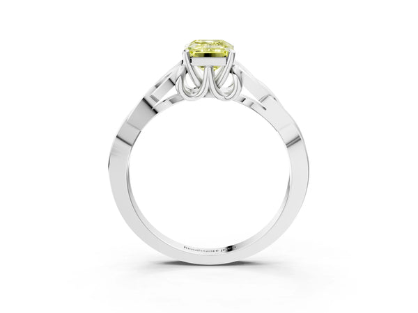 White gold Fancy Yellow Emerald Cut Diamond Solitaire Celtic Knot Ring with Four-Prong Setting