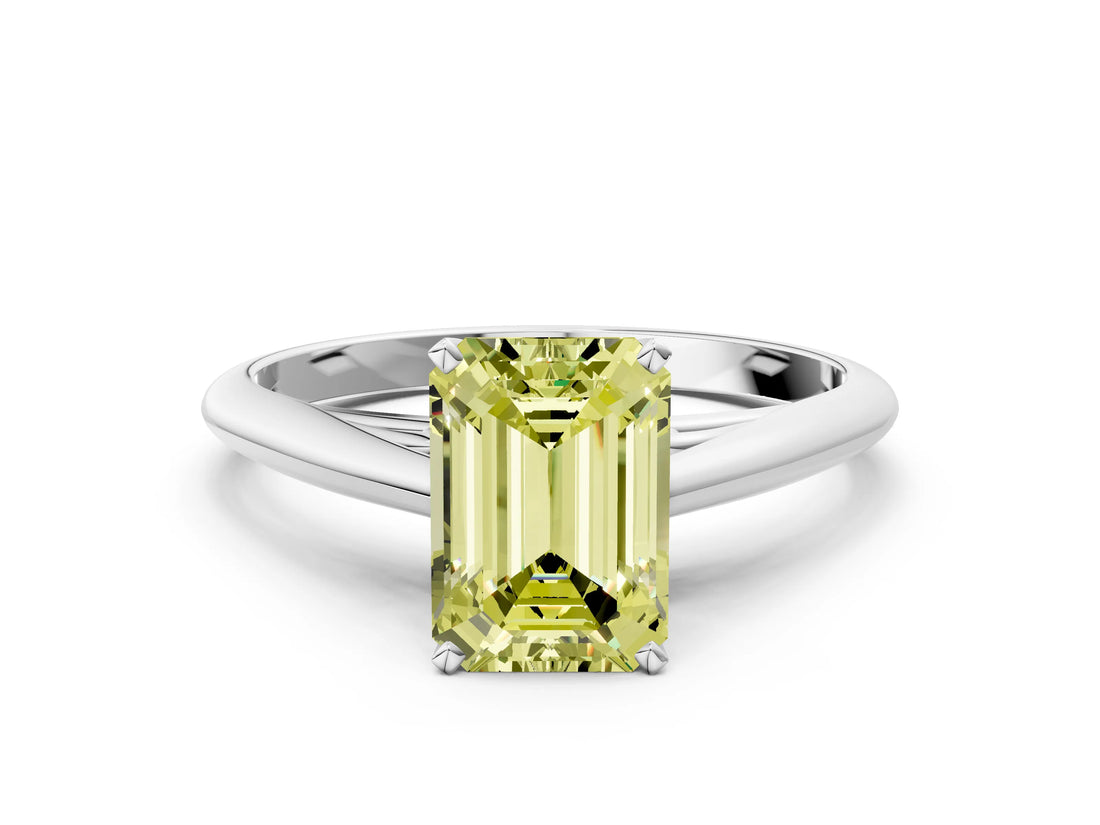White gold Fancy Yellow Emerald Cut Diamond Solitaire Engagement Ring with Cathedral Setting and Four-Prong Mount_100