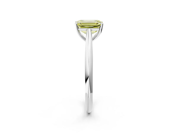 Platinum Fancy Yellow Emerald Cut Diamond Solitaire Engagement Ring with Cathedral Setting and Four-Prong Mount