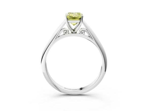 Platinum Fancy Yellow Emerald Cut Diamond Solitaire Engagement Ring with Cathedral Setting and Four-Prong Mount