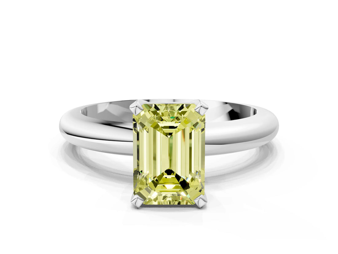 White gold Fancy Yellow Emerald Cut Diamond Solitaire Engagement Ring with Round Band and Four-Prong Setting_162