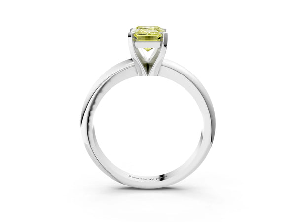 Platinum Fancy Yellow Emerald Cut Diamond Solitaire Engagement Ring with Round Band and Four-Prong Setting