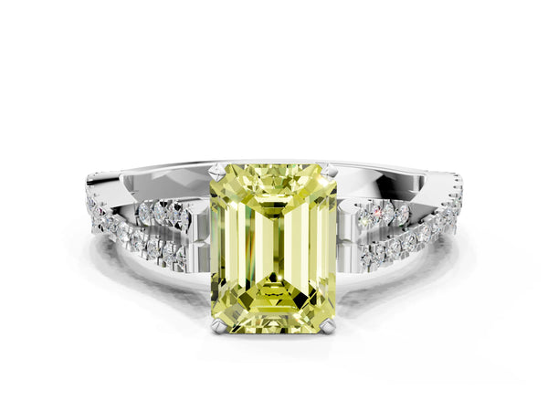 Platinum Fancy Yellow Emerald Cut Diamond Solitaire Engagement Ring with Twisted Pavé Band and Four-Prong Setting