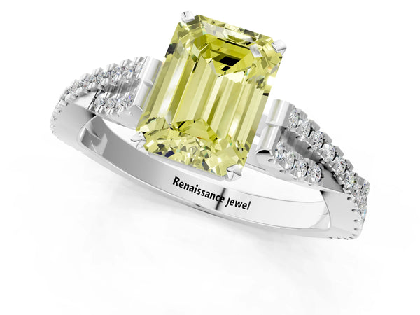 Platinum Fancy Yellow Emerald Cut Diamond Solitaire Engagement Ring with Twisted Pavé Band and Four-Prong Setting