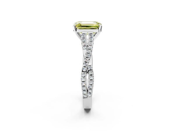 Platinum Fancy Yellow Emerald Cut Diamond Solitaire Engagement Ring with Twisted Pavé Band and Four-Prong Setting