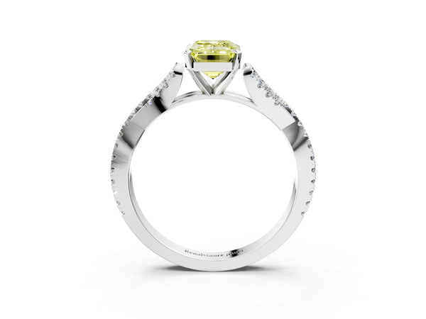 Platinum Fancy Yellow Emerald Cut Diamond Solitaire Engagement Ring with Twisted Pavé Band and Four-Prong Setting