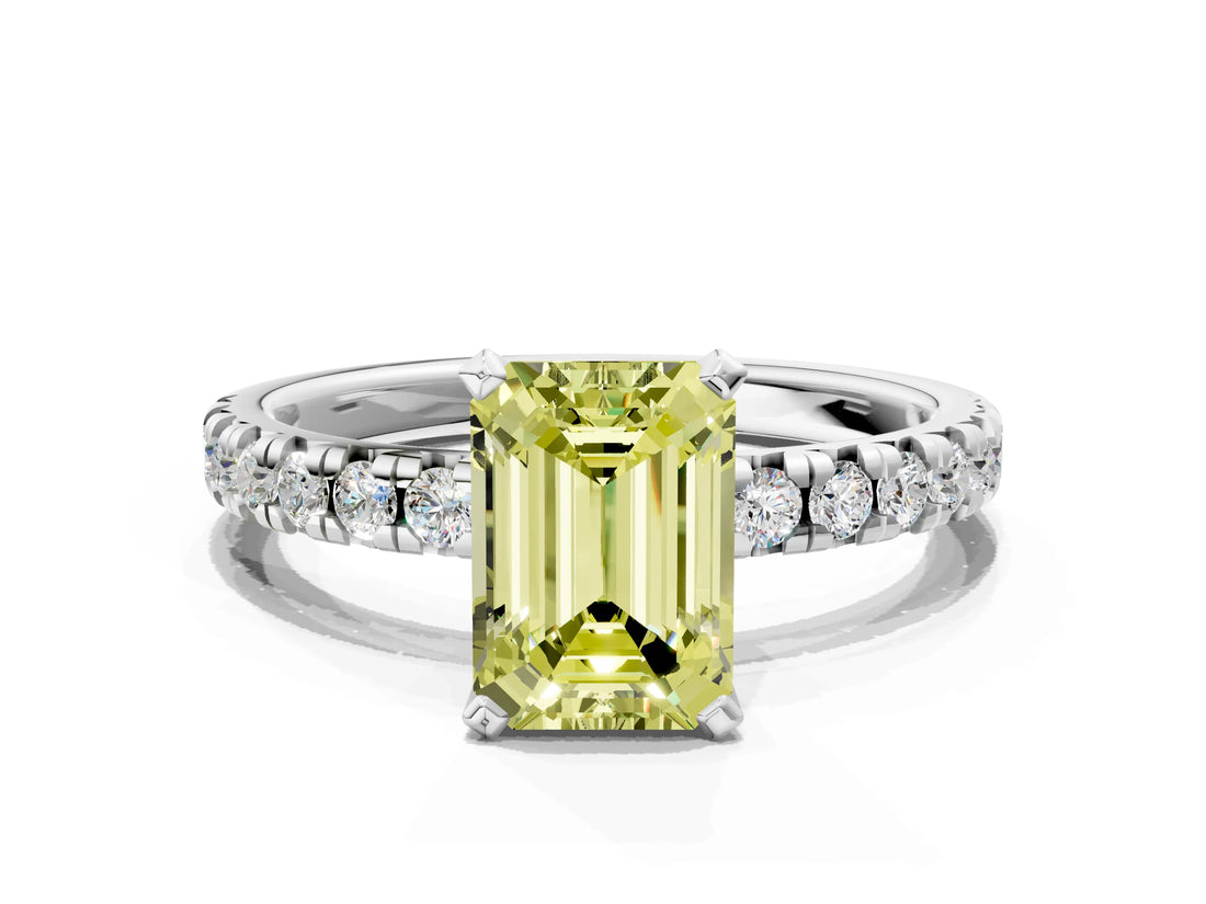 White gold Fancy Yellow Emerald Cut Diamond Solitaire Pavé Engagement Ring with Round Band and Prong Setting_85