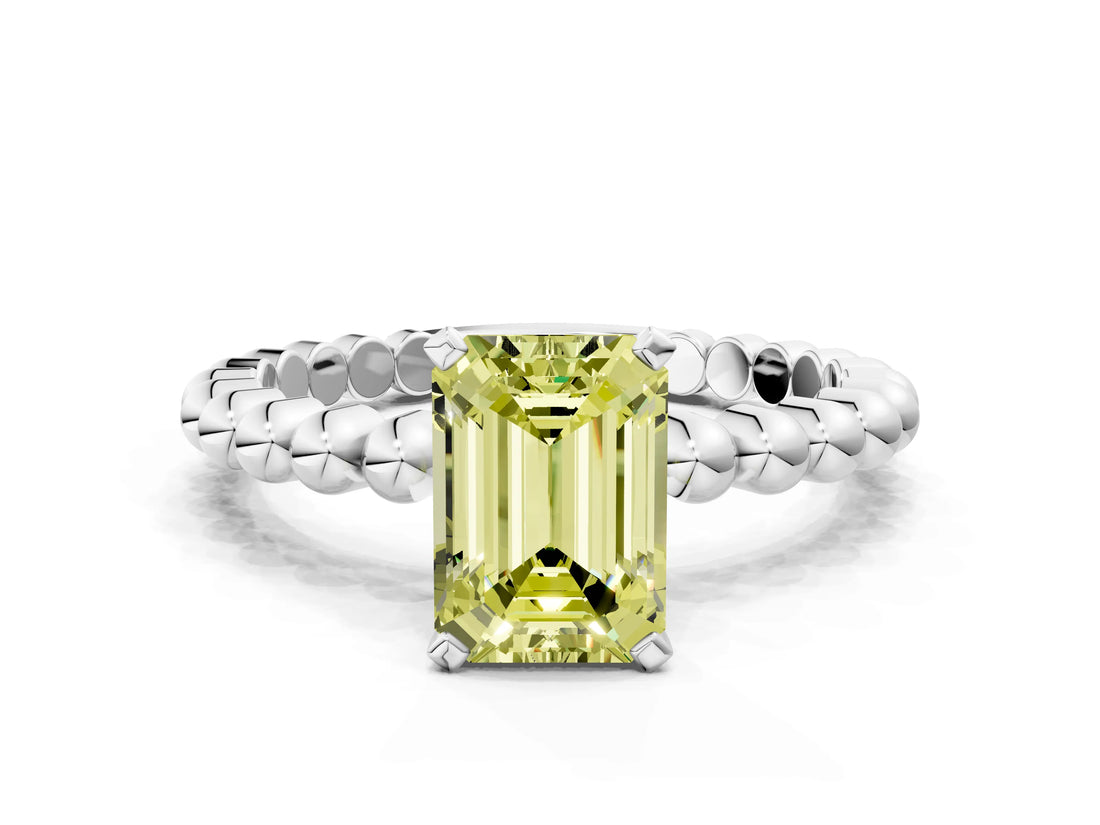 White gold Fancy Yellow Emerald Cut Diamond Solitaire Ring with Beaded Band and Prong Setting_362