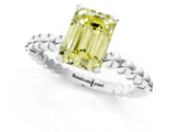 White gold Fancy Yellow Emerald Cut Diamond Solitaire Ring with Beaded Band and Prong Setting_363