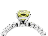 White gold Fancy Yellow Emerald Cut Diamond Solitaire Ring with Beaded Band and Prong Setting_366