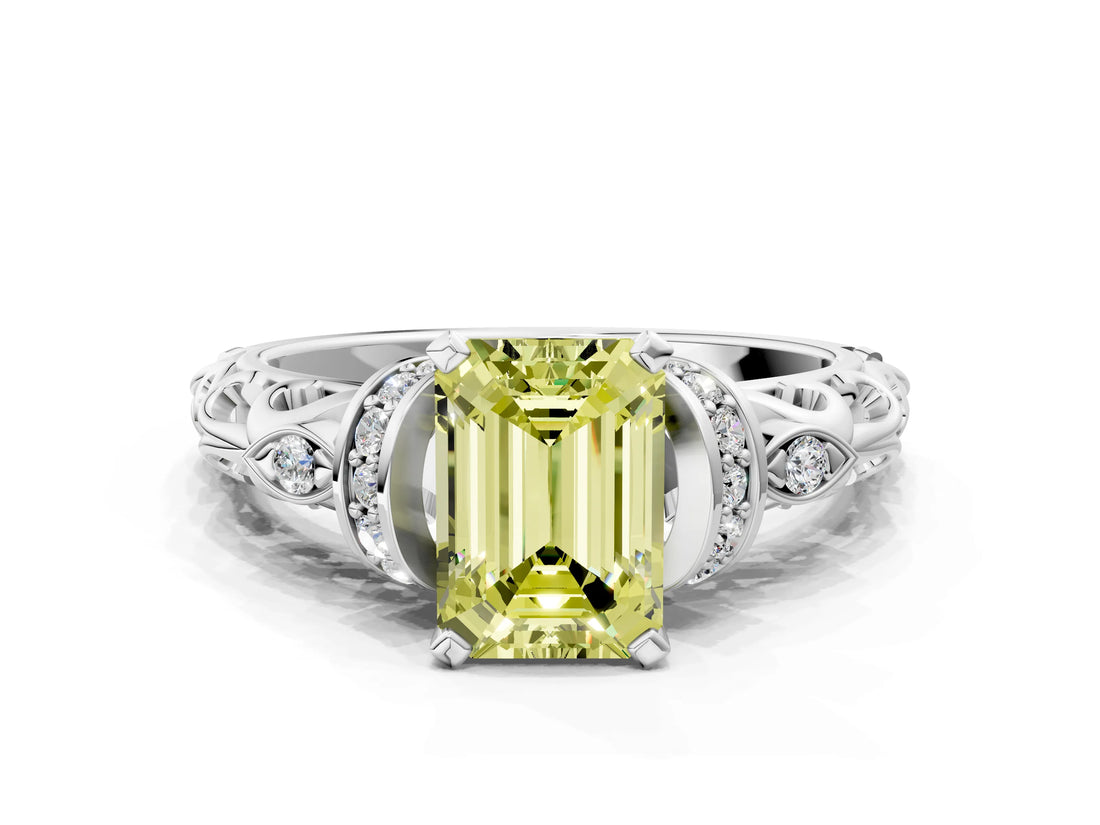 White gold Fancy Yellow Emerald Cut Diamond Solitaire Ring with Filigree Band and Four-Prong Setting_64