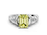 White gold Fancy Yellow Emerald Cut Diamond Solitaire Ring with Filigree Band and Four-Prong Setting_64