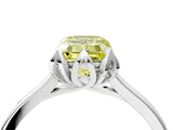 White gold Fancy Yellow Emerald Cut Diamond Solitaire Ring with Flower Prong Setting and Classic Band_16