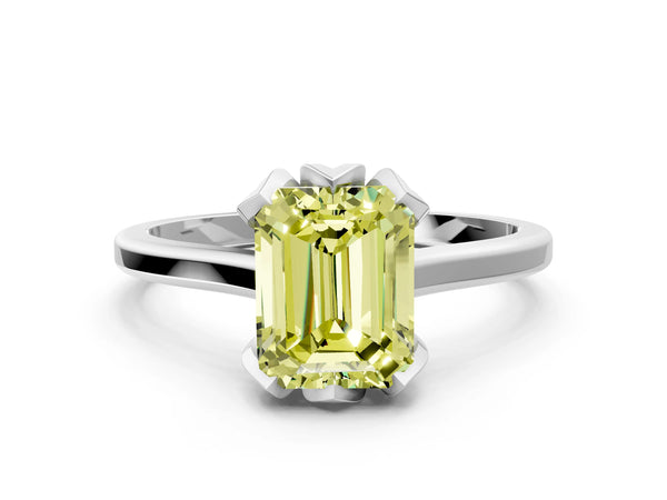 White gold Fancy Yellow Emerald Cut Diamond Solitaire Ring with Flower Prong Setting and Classic Band