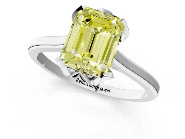 White gold Fancy Yellow Emerald Cut Diamond Solitaire Ring with Flower Prong Setting and Classic Band