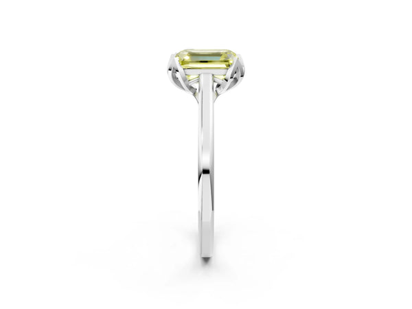 White gold Fancy Yellow Emerald Cut Diamond Solitaire Ring with Flower Prong Setting and Classic Band