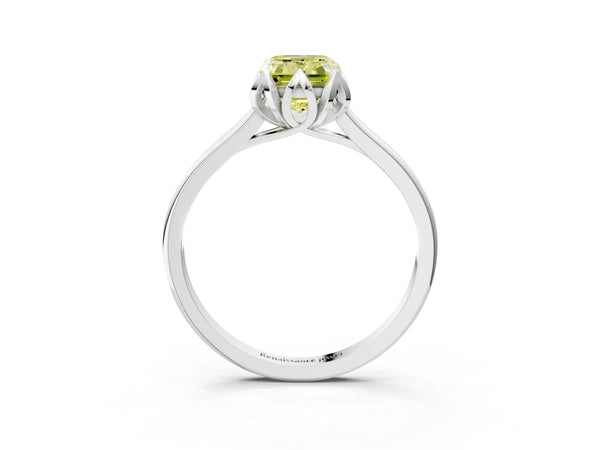 White gold Fancy Yellow Emerald Cut Diamond Solitaire Ring with Flower Prong Setting and Classic Band