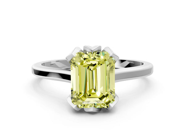 White gold Fancy Yellow Emerald Cut Diamond Solitaire Ring with Flower Prong Setting and Classic Band