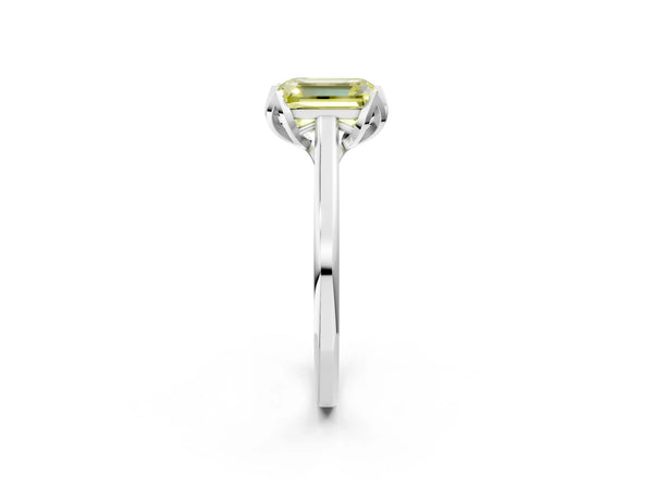 White gold Fancy Yellow Emerald Cut Diamond Solitaire Ring with Flower Prong Setting and Classic Band