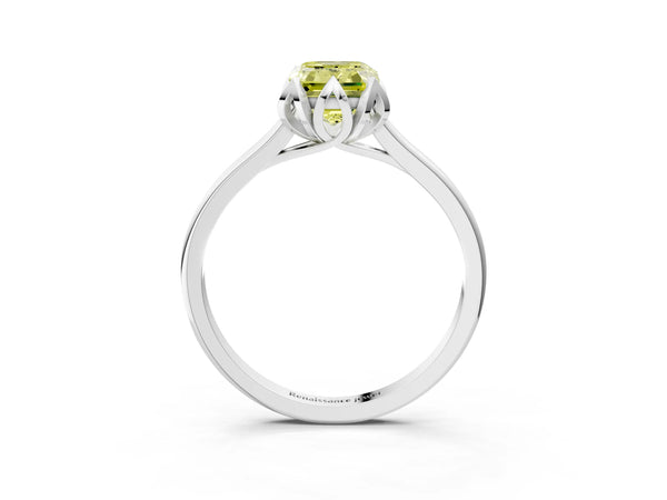 White gold Fancy Yellow Emerald Cut Diamond Solitaire Ring with Flower Prong Setting and Classic Band