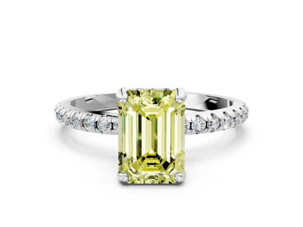 Platinum Fancy Yellow Emerald Cut Diamond Solitaire Ring with Four-Prong Setting and Pavé Band