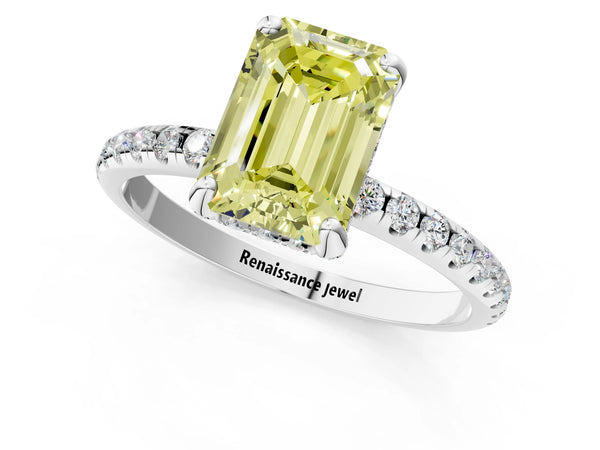 Platinum Fancy Yellow Emerald Cut Diamond Solitaire Ring with Four-Prong Setting and Pavé Band
