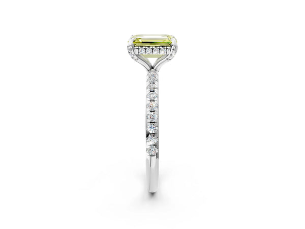 Platinum Fancy Yellow Emerald Cut Diamond Solitaire Ring with Four-Prong Setting and Pavé Band