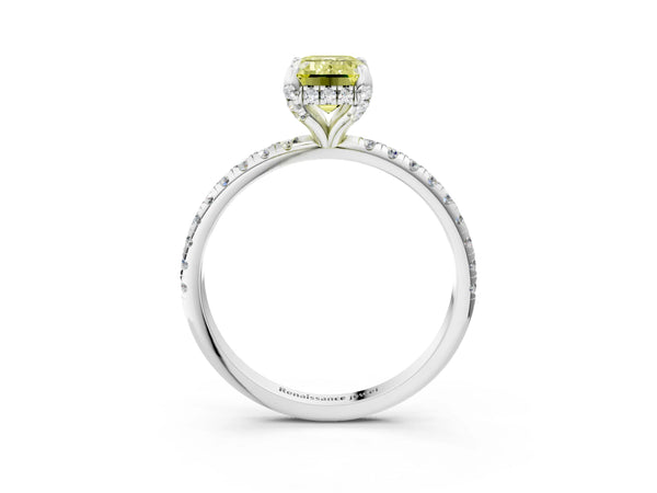 Platinum Fancy Yellow Emerald Cut Diamond Solitaire Ring with Four-Prong Setting and Pavé Band