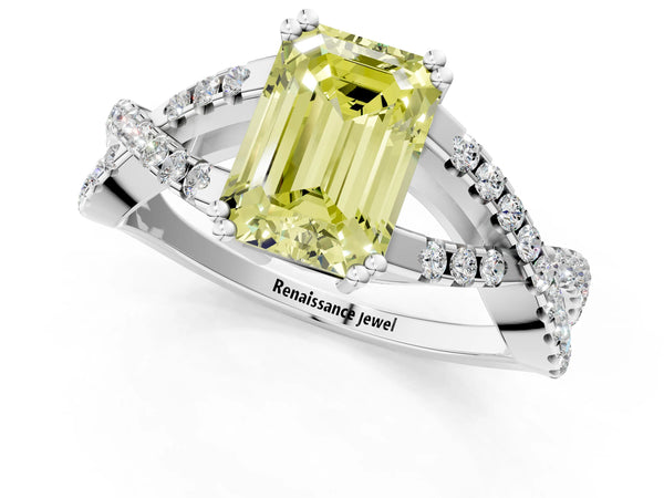 White gold Fancy Yellow Emerald Cut Diamond Solitaire Ring with Four-Prong Setting and Twisted Pavé Band