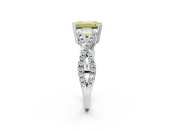 White gold Fancy Yellow Emerald Cut Diamond Solitaire Ring with Four-Prong Setting and Twisted Pavé Band