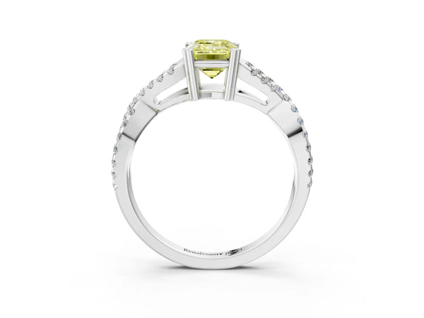 White gold Fancy Yellow Emerald Cut Diamond Solitaire Ring with Four-Prong Setting and Twisted Pavé Band