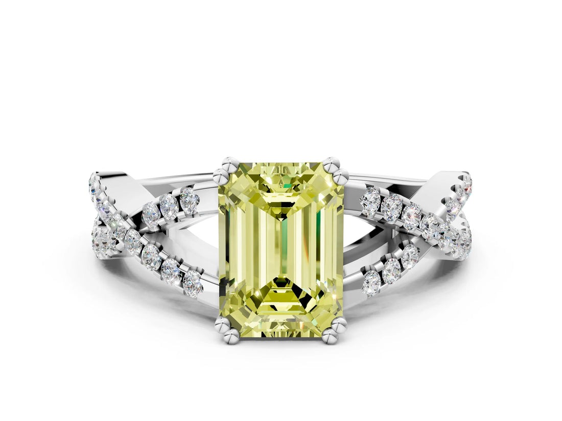 White gold Fancy Yellow Emerald Cut Diamond Solitaire Ring with Four-Prong Setting and Twisted Pavé Band_88